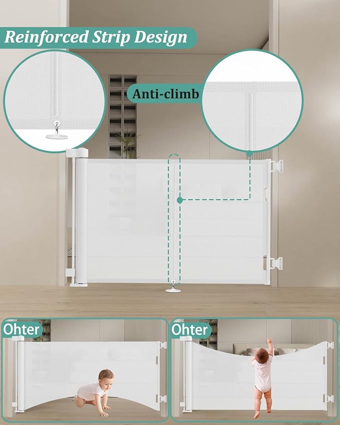 50 inch Retractable Baby Gates 34 inch Tall, Retractable Gate with Reinforced Strip Design to Prevent Crawling Through, Retractable Dog Gate for Stairs, Doorways, Hallways