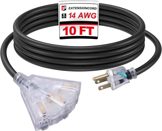 EP 10 Ft Lighted Outdoor Extension Cord with 3 Electrical Power Outlets - 14/3 SJTW Heavy Duty Black Extension Cable with 3 Prong Grounded Plug - Power Cord for Lawn, Garden, Appliances