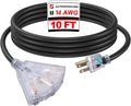 EP 10 Ft Lighted Outdoor Extension Cord with 3 Electrical Power Outlets - 14/3 SJTW Heavy Duty Black Extension Cable with 3 Prong Grounded Plug - Power Cord for Lawn, Garden, Appliances