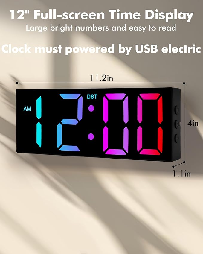 Alampan 12" Large Digital Wall Clock with Remote Control, USB Powered, Corded RGB LED Clock with Full Screen Display, Big Numbers, for Classroom, Living Room, Elderly, Wall Mounted, DST, KSJ-01, Black