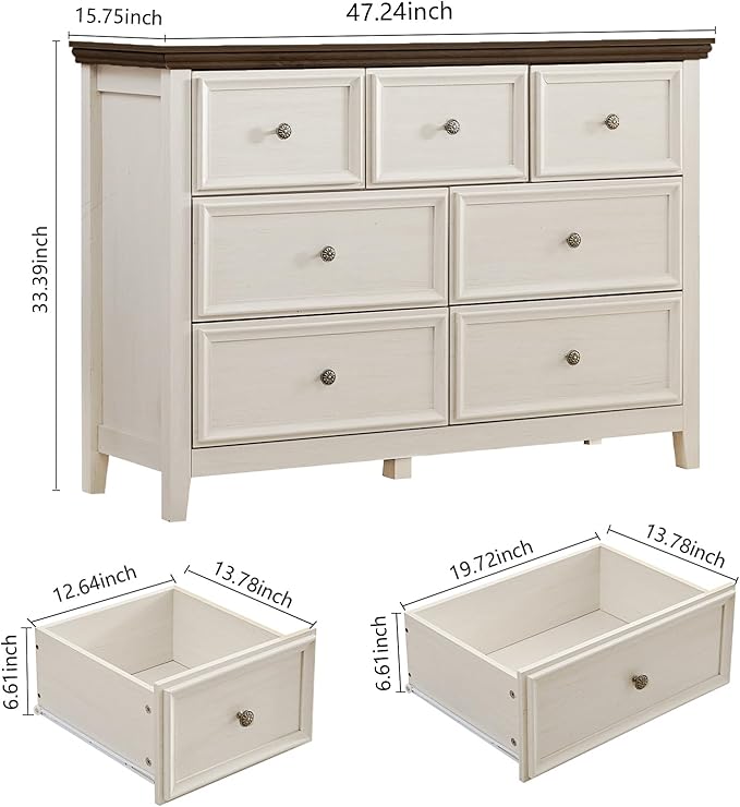 BLANKSPACE 7 Drawer Dresser, Modern Farmhouse Dresser Chest of Drawer for Bedroom, Chest of Drawers Storage Cabinet for Living Room, Entryway, Hallway, Antique White