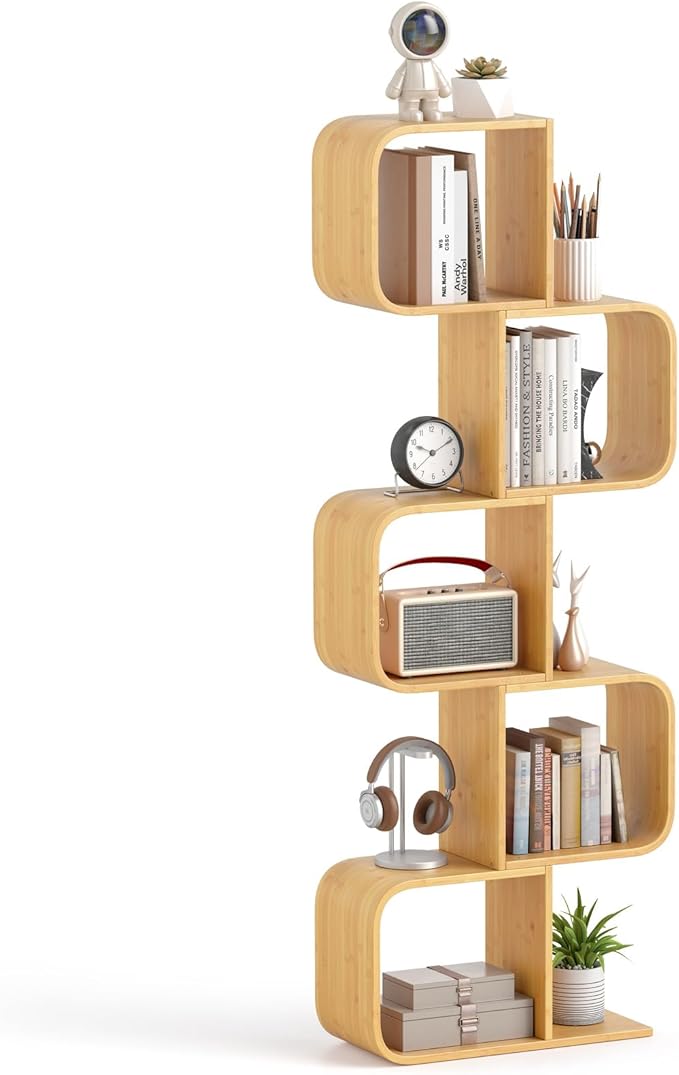 Giantex 5-Tier S-Shaped Bookcase, Bamboo Bookshelf with Open Cubes, Geometric Corner Display Shelf, Decorative Storage Organizer, Floor Storage Rack for Living Room, Home Office, Natural