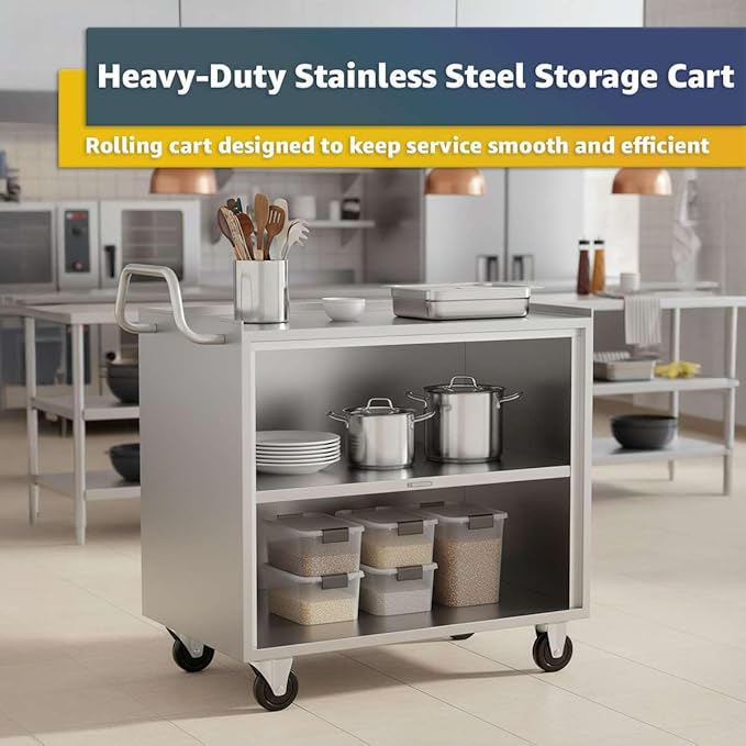 21" x 33" Stainless Steel Utility Cart with Enclosed Base and Open Front - 3 Shelf Heavy-Duty Commercial Service Cart - NSF Prep & Work Table for Kitchen, Catering, Restaurant