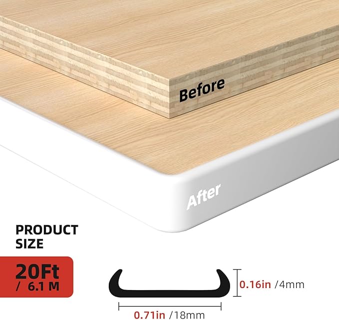 U-Shape Edge Banding, 0.7 inch x 20ft Edge TPE Self Adhesive Veneer Edging Trim Flexible Edge Protector, Strip for Countertop Cabinets Table Restoration Shelves, White