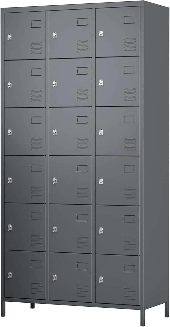 Aobabo 18 Doors Metal Locker for Employees,Metal Storage Locker Cabinet with Lock and Leg, for Office Garage School Home Industrial, Assembly Required, Dark Grey