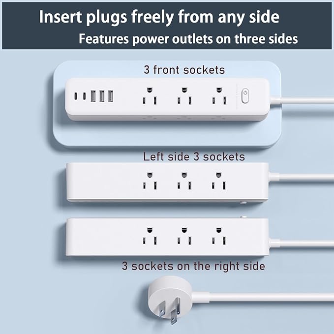 Surge Protector Power Strip, 9 Widely Spaced Outlets, 3 USB A & 2 USB C Ports, 5ft Flat Plug Long Extension Cord for Travel Home Office Entertainment, White