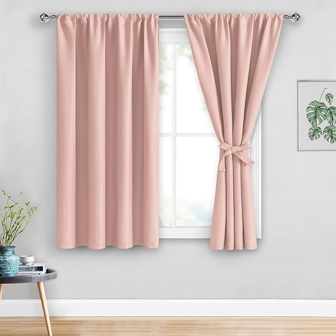 JIUZHEN Blush Pink Blackout Curtains for Bedroom - Thermal Insulated Room Darkening Noise Reducing, 52 x 54 Inch Length Curtains for Living Room, Set of 2 Panels with Tiebacks, Blush Pink