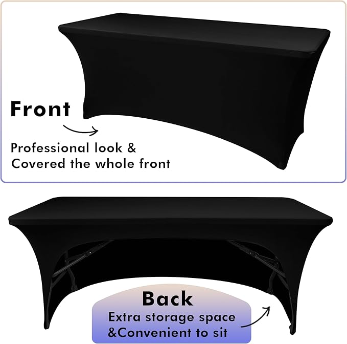 Nasitos 4 Pack Black Tablecloth 8 ft-Fitted Spandex Table Covers, Open Back Trade Show Table Cover, Washable and Wrinkle Resistant Tablecloth for Craft Show, Weddings, Events