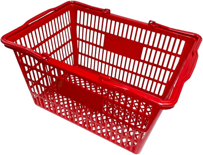Stackable Plastic Shopping Baskets, Red and Blue, Easy-Grip Handles for Grocery, Retail, Liquor Stores, Home Use (2-pack, Red & Blue Assorted)