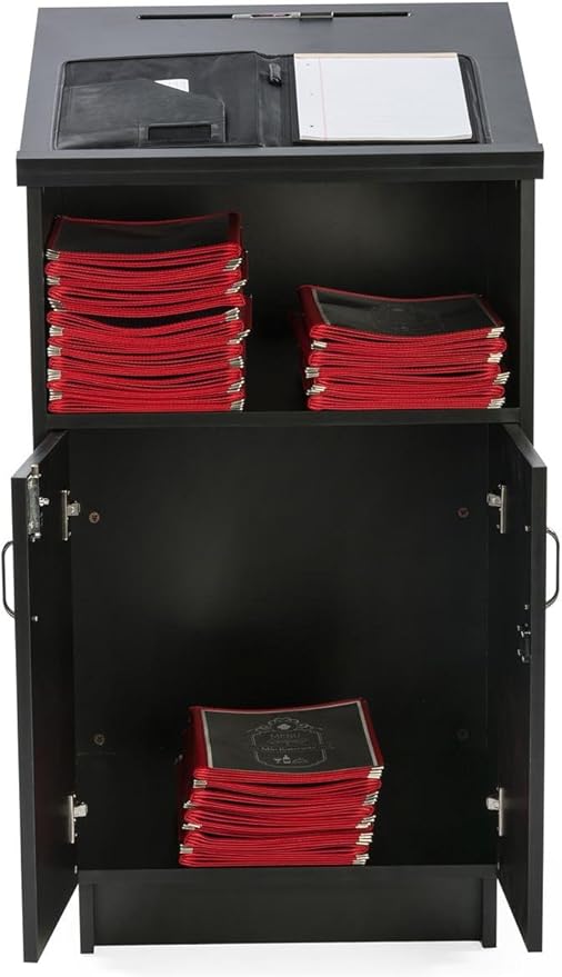 45.5" Tall Podium with Locking Cabinet, Inner Shelf, 25" Wide Angled Surface with Lip (Black)