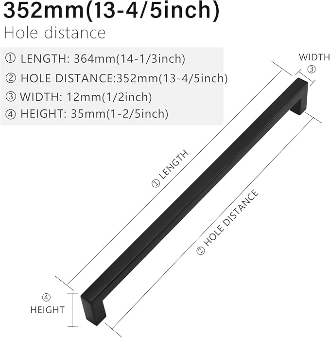 Cabinet Pulls Matte Black Cabinet Handles Square Drawer Pulls, 40 Pack 13-4/5 Inch Stainless Steel Kitchen Door Cupboard Cabinet Handles, Drawer Hardware Handles, 352mm Hole Centers