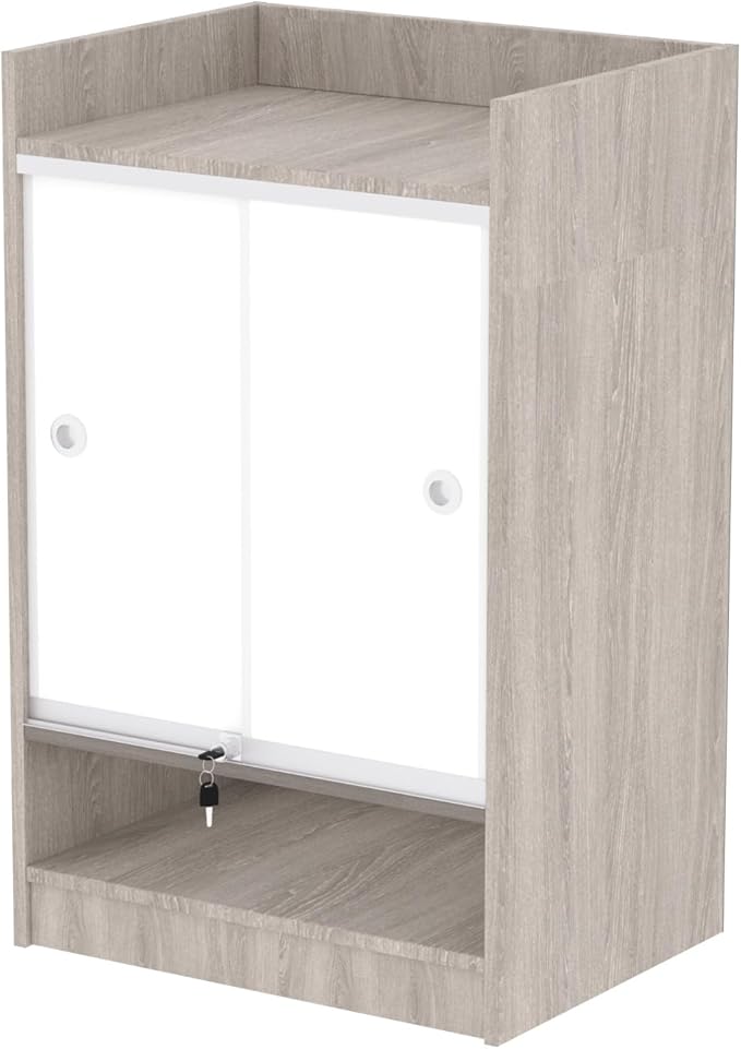 24”W * 18”D * 38”H - Retail Cash Register Stand Cash Wrap Checkout Desk Portable Counter Podium Stand with Drawer & Glass Shelving Case for Retail Store, Meetings Reception & Church (Gray Wood Grain)