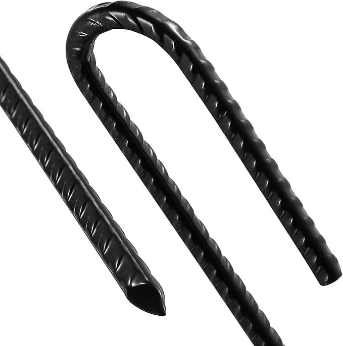 Rebar U/J Hook Extra Heavy Duty, 12 inch x 1/4 inch Rust Proof Coated Steel Ground Anchors for Garden, Tent, Trampoline (50pcs, U-Hook)