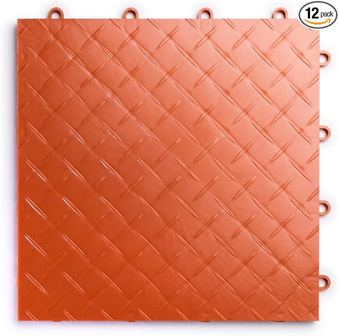 Big Floors RaceDeck Diamond Plate Design, Durable Interlocking Modular Garage Flooring Tile (Orange, 12 Pack of 12 x 12" Tiles)