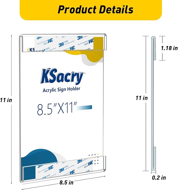 KSacry 6 Pcs Acrylic Sign Holder 8.5 x 11, Vertical Wall Mount Sign Holders with 3M Adhesive, Clear Plastic Frames Paper Display Sign Holders for Office, Home, Store, Restaurant - No Drilling
