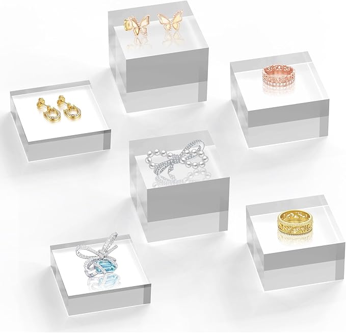 Acrylic Base Stand 6 Pack 3 X 3 Inch Acrylic Blocks for Display Trophy Base Clear Square Cube Riser Display Cylinder Pedestal Stands for Collectibles Jewelry Props Food Display 3 Size