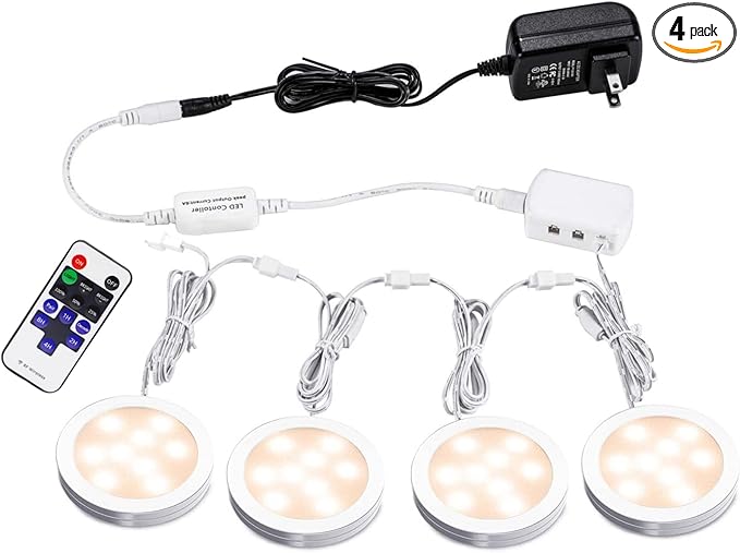 AIBOO Linkable LED Under Cabinet Lights 12V Slim Aluminum Dimmable Puck Lights with RF Remote Control & ETL Listed Power Adapter for Accent Display Lighting (4 Lights, Warm White)