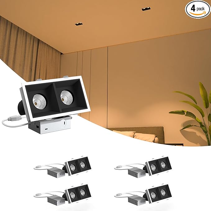 LED Square Recessed Lighting 4 Pack, 24W Adjustable Downlight, Aluminum Recessed Ceiling Light with junction Box, 5 CCT 2700K-6000K, TRIAC Dimming Rotation Spotlight for Living Room Bedroom Hallway