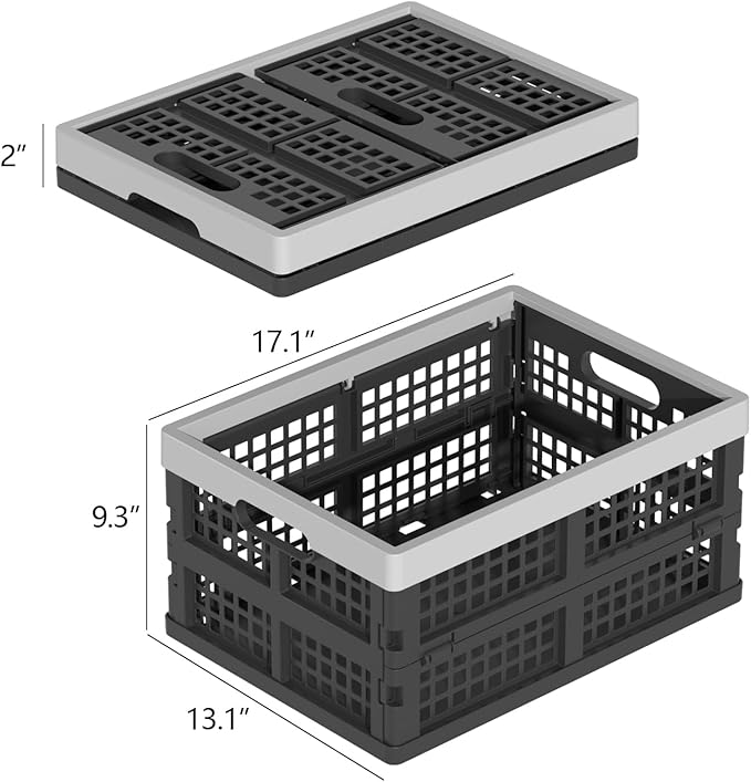 30L Large Plastic Folding Storage Crates, Collapsible Crates for Storage, Pack of 3 (Black)