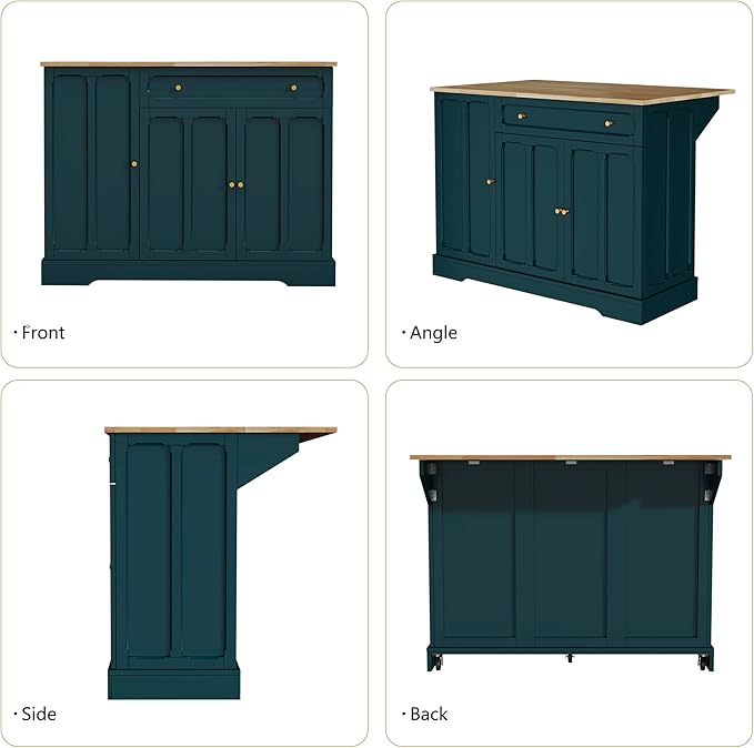 HLR Kitchen Island Cart with Storage, Carved Doors Modern Rolling Islands with Drop Leaf, Sideboard Buffet Cabinet on Wheels, Prep Table for Kitchen, Dining Room (Green)