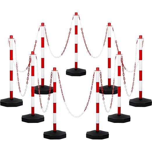 Amylove 9 Packs Traffic Delineator Post Cone with Base, Traffic Cones Safety Cones Caution Cones Plastic Stanchion Chain Safety Barriers with 6.6 Feet Link Chain and S Hooks for Parking Lot (Red)