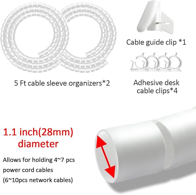 Large Cable Management White Computer Wire Sleeve Organizer Coiled Under Desk Tubes 2 PCS, 1.1 inch -5 ft EZ Spiral Cable Bundler Cover for TV Office, Pet Chew and Bite Proof Cable Protector