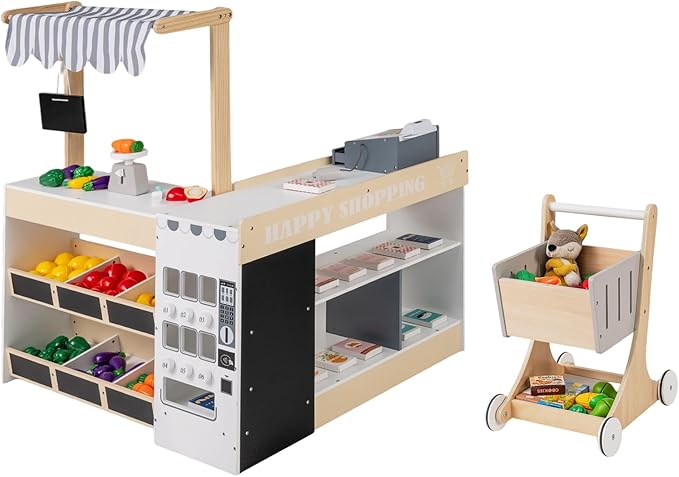 HONEY JOY Kids Grocery Store Playset, Wooden Market Stand Play Store with Canopy & Shopping Cart, Toddler Supermarket Checkout Stand w/Blackboard & Accessories, Grocery Store Pretend Play (Natural)