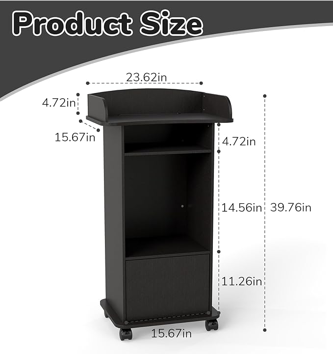 Podium Stand Portable,Mobile Wood Pulpit Podium Hostess Stand Reception Desk with Adjustable Shelf and Lockable Wheels for Churches Conference School