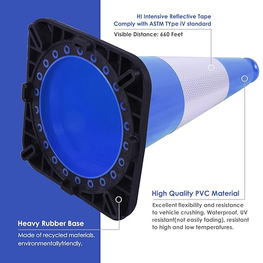 6 Pack 18" Inch Blue PVC Traffic Cones with Heavy-Duty Base, High-Visibility All-Weather Safety Cones for Road Construction, Parking Lot, and Garage Use (6, Blue, 18" Medium)