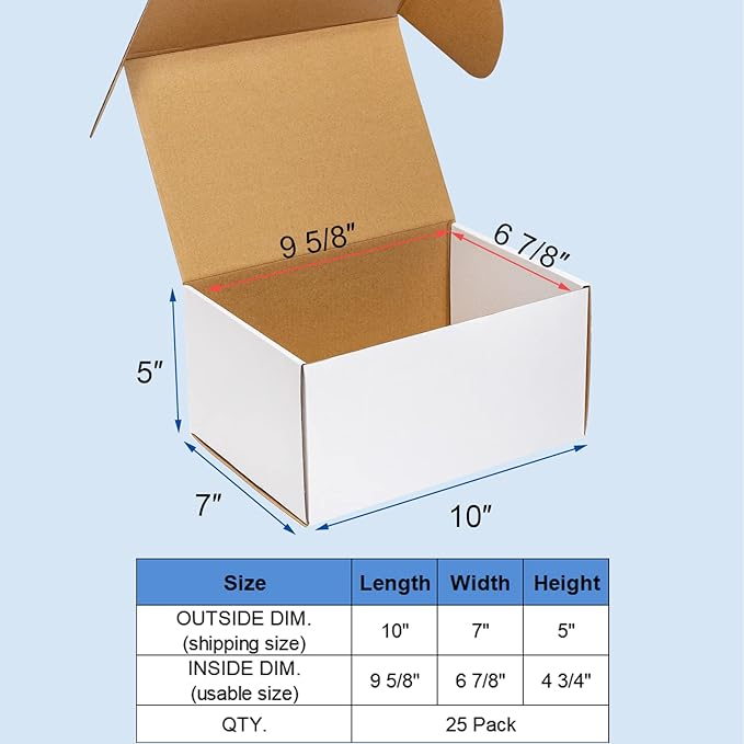 10x7x5" 25 Pack Shipping Boxes - White Corrugated Cardboard Mailing Boxes for Small Business - Flat Empty Literature Mailer Packaging Supplies