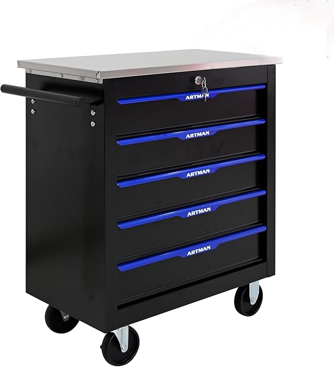 5 Drawer Rolling Tool Chest with Locker, 25.9" D Metal Movable Lockable Tool Cart Box Multi-Functional Hardware Storage Cabinet Box for Warehouse Basement Home Pantry Garage