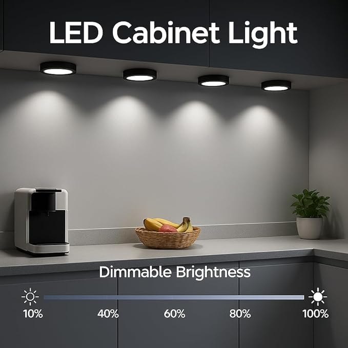 YGS-Tech LED Under Cabinet Lighting Kit, 1020 Lumens LED Puck Light, 5000K Daylight White, CRI90+, Touch Dimming, Black Trim All Accessories Included, for Kitchen, Closet Lights, Safe Light, 3-Pack