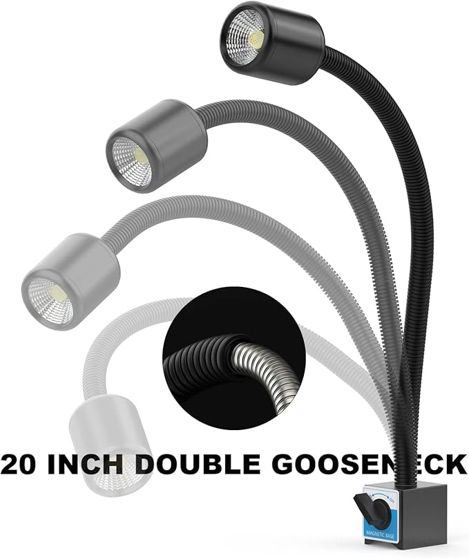 LED Machine Light with Strong Magnetic Base and Flexible Gooseneck for Lathe and Drill Press, 1200 Lumens, 12W 120V