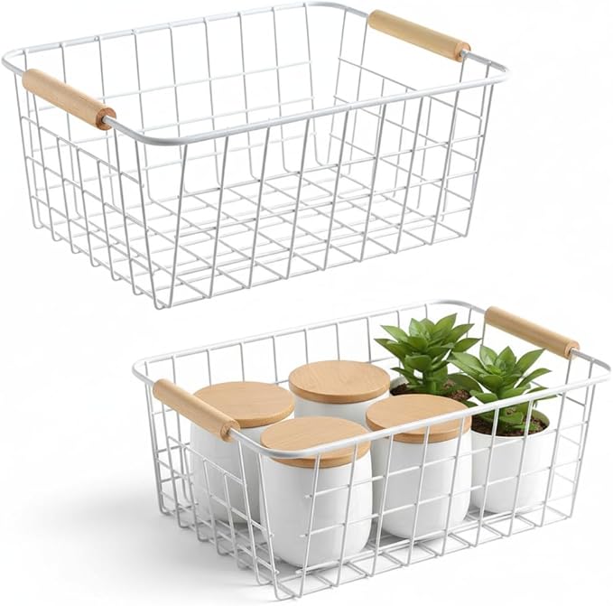 Metal White Wire Basket,Food Storage Organizer with Wooden Handles, pantry organizers and storage for Organizing Kitchen Cabinets potato onion, 2 Packs