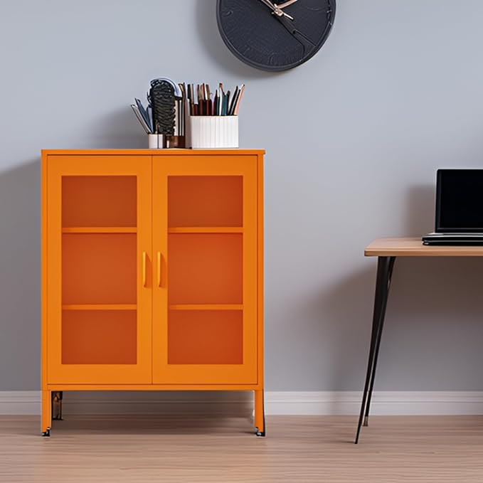 Metal Storage Cabinet with Mesh Doors,Steel Display Cabinet with Adjustable Shelves,Metal Office Storage Locker for Home Office,Garage (Orange, 40''H)