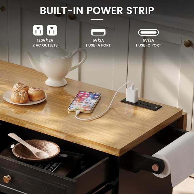COCO DESIGN 60" Rolling Kitchen Cart with Power Strip & Drop Leaf, Thick Countertop, Large Storage Cabinet & Drawers, Mobile Island with Locking Wheels, Towel Rack and Spice Rack, Black and Oak