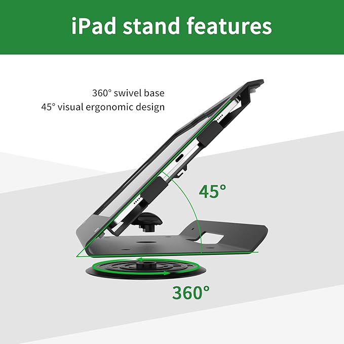 Retail Kiosk Tablet Stand Compatible with iPad 10 gen 10.9 inch, air 4 5 10.9", 11"(A16), Pro 11" 1st 2nd 3rd 4th gen., Air 11", Business POS Tablet Stand, 360° Swivel Base, Black
