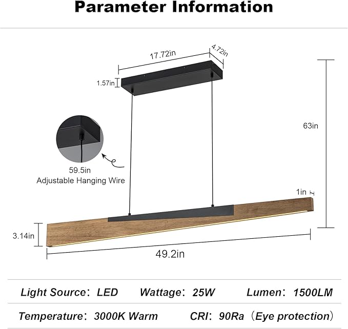 EDISLIVE 49.2 in Wood Linear LED Pendant Light Modern Dimmable LED Chandelier Adjustable Linear Hanging Light Fixture 3000K 25W Island Light for Dinning Room Kitchen Black Wood Tilted