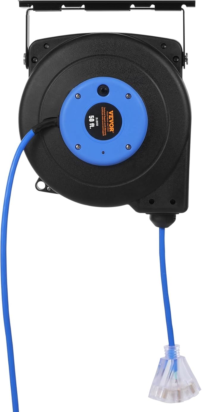 VEVOR Retractable Extension Cord Reel, 50 FT, Heavy Duty 14AWG/3C SJTOW Extension Power Cord with Lighted Triple Tap Outlet, 13A Circuit Breaker 180° Swivel Bracket for Ceiling or Wall Mount, Blue