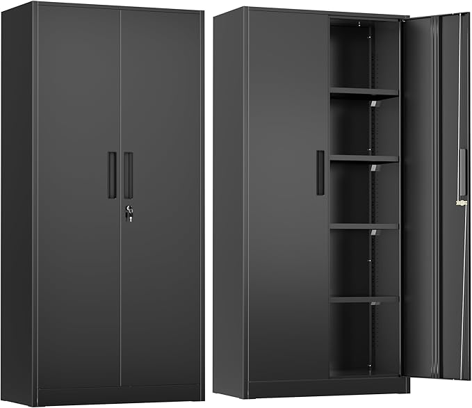 Greenvelly Metal Storage Cabinet with Lock,71" Metal Garage Cabinet with 2 Doors and 4 Adjustable Shelves,Lockable Storage Organization, Steel Tool Cabinets for Office,Home,Garage,Gym,School (Black)