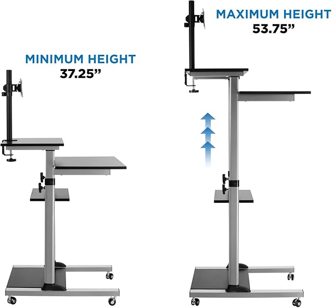 Mount-It! Mobile Computer Cart with Monitor Mount for Screen up to 32", Portable Desk on Wheels, Rolling Laptop Stand Teachers, Office, Classroom, Rise up to 53", Projector, Podium, Keyboard Tray