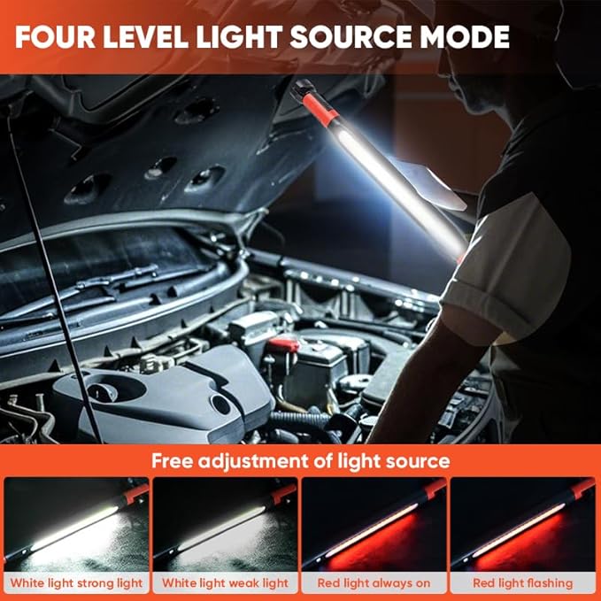 Magnetic Work Light Bar 2026 Upgraded | Rechargeable LED Light with Battery | IP55 Weather-Resistant Under Hood Light with Magnetic Base | Hooks & Clamp for Car Repair,Garage,Emergency,Power Outage