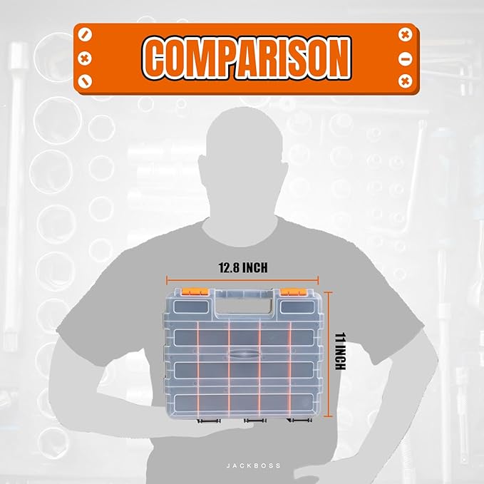 Tool Box with Transparent Lid, Double Side 34-Compartments Organizer Box with Removable Dividers for Hardware, Screws, Bolts, Nails, Beads, Jewelry and Fishing Accessories, Orange, 4 Pack