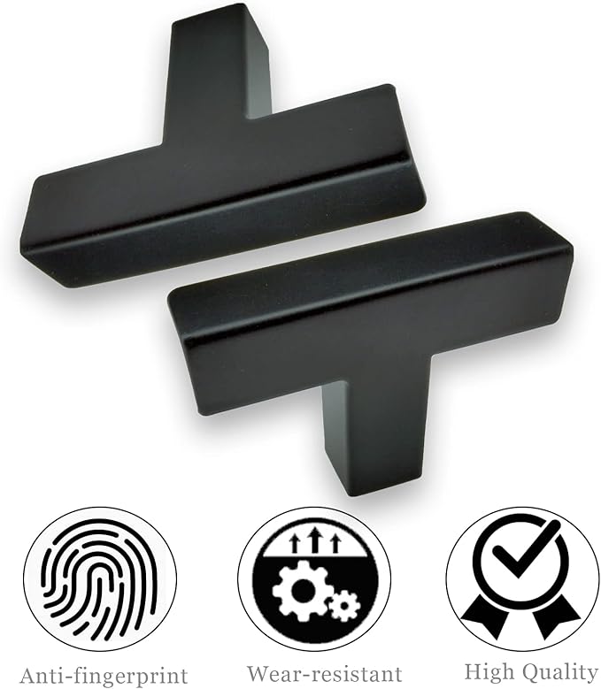 Cabinet Pulls Single Hole Cabinet Knobs, 50 Pack Square Matte Black T Bar Cabinet Handles Drawer Cabinet Knobs Cupboard Hardware Cabinet Handles, Stainless Steel Single Hole
