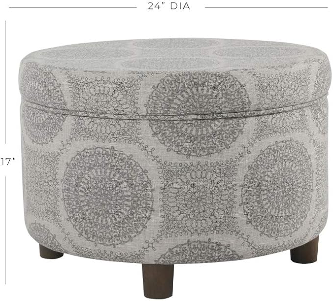 Homepop Home Decor | Upholstered Round Storage Ottoman | Ottoman with Storage for Living Room & Bedroom (Grey Medallion) 24.0 In. X 24.0 In. X 17.0 In.