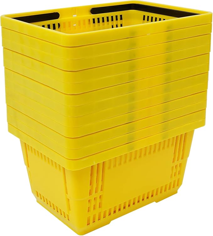 12PCS Yellow Plastic Shopping Baskets with Handles, Portable Retail Baskets Grocery Basket with Handles,18L Hand Shopping Basket Set for Stores, Supermarket, Retail, Groceries Carrying