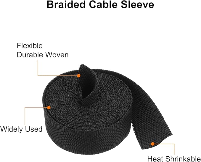 MECCANIXITY Braided Cable Sleeves Heat Shrinkable Fabric Sleeving, 5/8" 10ft Black 2:1 Ratio Heat Shrinkable Cord Protector for Harness Cable, Network Cable Protection, Cable Management
