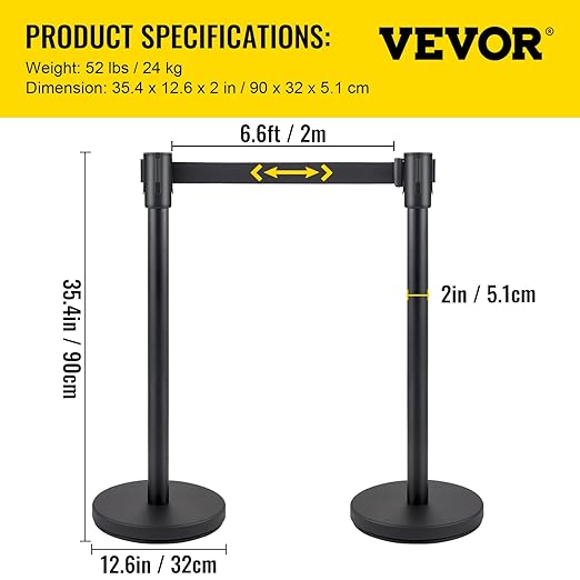 VEVOR Crowd Control Stanchion, Set of 4 Pieces Stanchion Set, Stanchion Set with 6.6 ft/2 m Black Retractable Belt, Black Crowd Control Barrier w/Concrete and Metal Base - Easy Connect Assembly