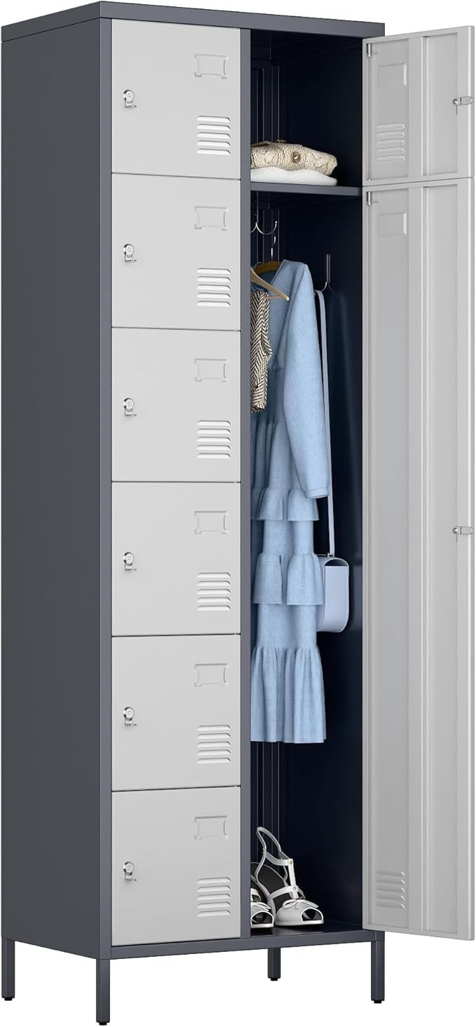 Aobabo 72" H Metal Lockable Storage Locker 7 Small Doors and 1 Big Door, Metal Lockers for empolyees with Hooks, for School Home Office Assembly Required, 8 Doors, Grey White