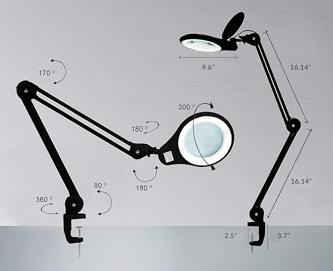 Neatfi 1,200 Lumens Super LED Magnifying Lamp with Clamp, Dimmable, Includes Microfiber Cleaning Cloth, 5 Inch Diameter Lens for Reading, Sewing, Crafting (Black, 8 Diopter)